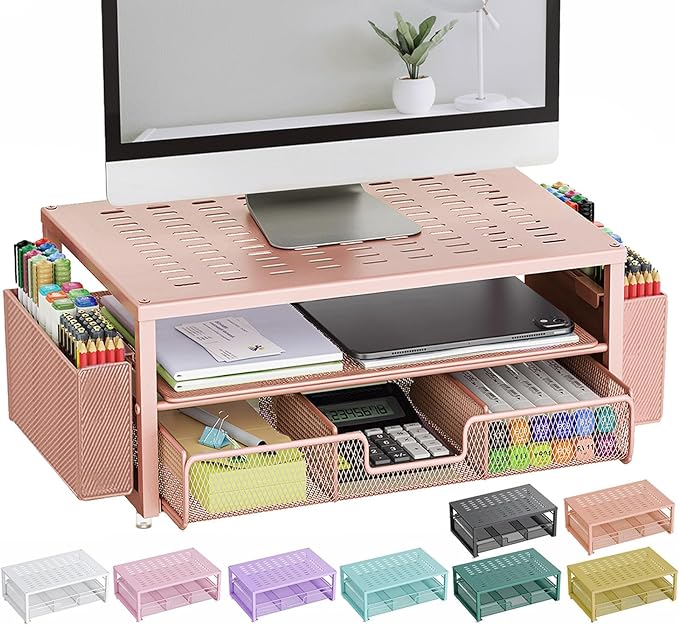gianotter Desk Organizers and Accessories, Monitor Stand with Drawer and 2 Pen Holder, Desktop Organizer Suitable for Offices and Dormitories (Rose Gold) by gianotter