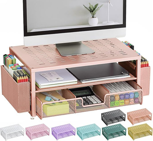 gianotter Desk Organizers and Accessories, Monitor Stand with Drawer and 2 Pen Holder, Desktop Organizer Suitable for Offices and Dormitories (Rose Gold) by gianotter