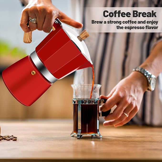 9 Cup Aluminum Moka Pot Classic Stovetop Espresso Coffee Maker 450ml 15oz Coffeemaker Percolator Mocha Pot Greca Coffee Maker Cafe Makers for Italian and Cuban Café Brewing Red - Image 9