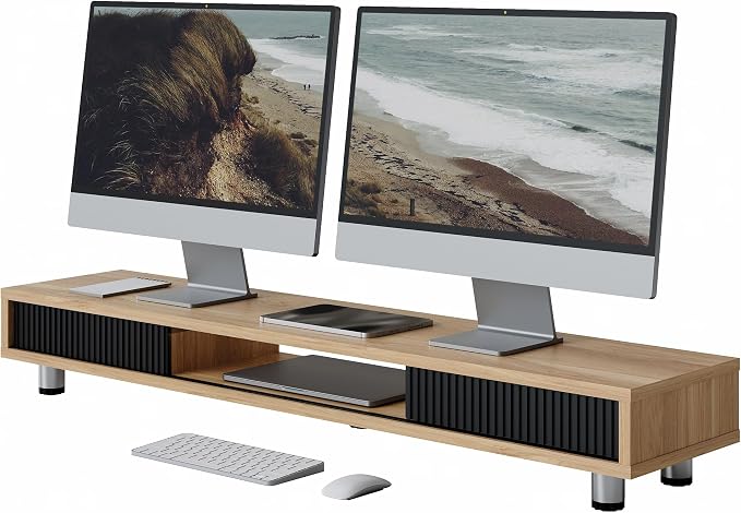 Fenge Dual Monitor Stand, 42.5inch Long Monitor Stands Riser for 2 Monitors, Glass Sliding Door with Storage Organizer Stand for Desk, 2 Tier Desk Shelf for Laptop, Pc, Printer, Computer, TV by Fenge