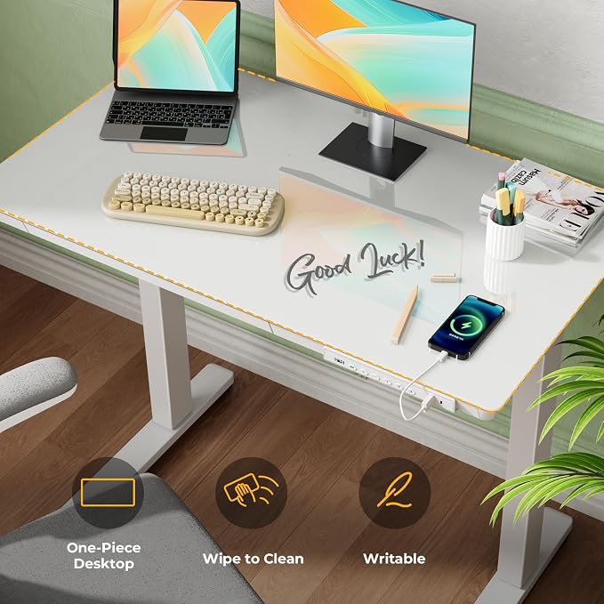 35" Electric Standing Desk with Drawer, One-Piece Glass Top | Quick Install One-Piece Tabletop with USB Charging Ports, Sit Stand Computer Desk with Wheels for Small Space, White - Image 7