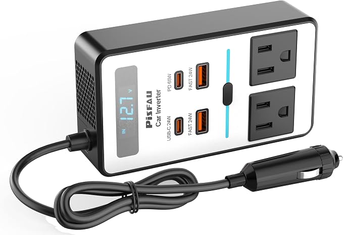 200W Car Power Inverter DC 12V to 110V AC,Cigarette Lighter Adapter Plug with [65W USB-C]/USB-Fast Charger 24W/Multiple USB/Laptop car Charger with Voltage Display by PiSFAU