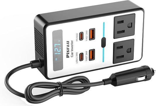 200W Car Power Inverter DC 12V to 110V AC,Cigarette Lighter Adapter Plug with [65W USB-C]/USB-Fast Charger 24W/Multiple USB/Laptop car Charger with Voltage Display by PiSFAU
