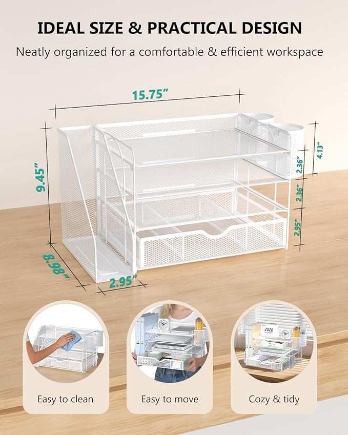 WALI Desk File Organizer, 4 Tier Desktop Paper Letter Tray Organizer with Drawer and 2 Pen Holders, Office Desk Accessories & Workspace Organizers for Office, Home Supplies(DO005DH-W), 1 Pack, White - Image 8