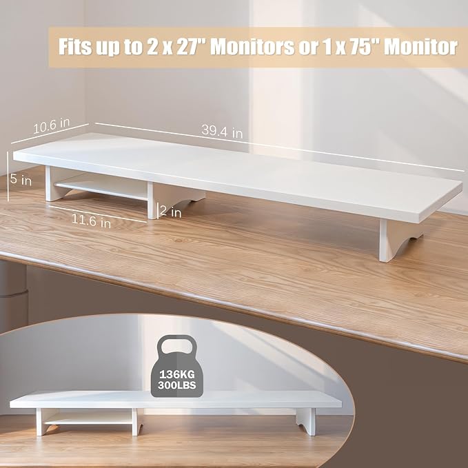 Bamboo Dual Monitor Stand Riser White, 2-Tier Desk Monitor Riser for 2 Monitors, Supports for PC Computer Monitor, Printer, Heavy TV Riser up to 300 lbs, White - Image 8