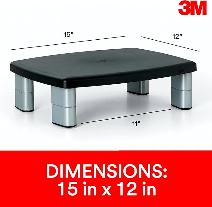 3M Adjustable Monitor Stand, Three Leg Segments, Simply Adjust Height from 1" to 5 7/8", Holds Up to 80 lbs, 11" Space Between Columns, Silver/Black (MS80B) - Image 2
