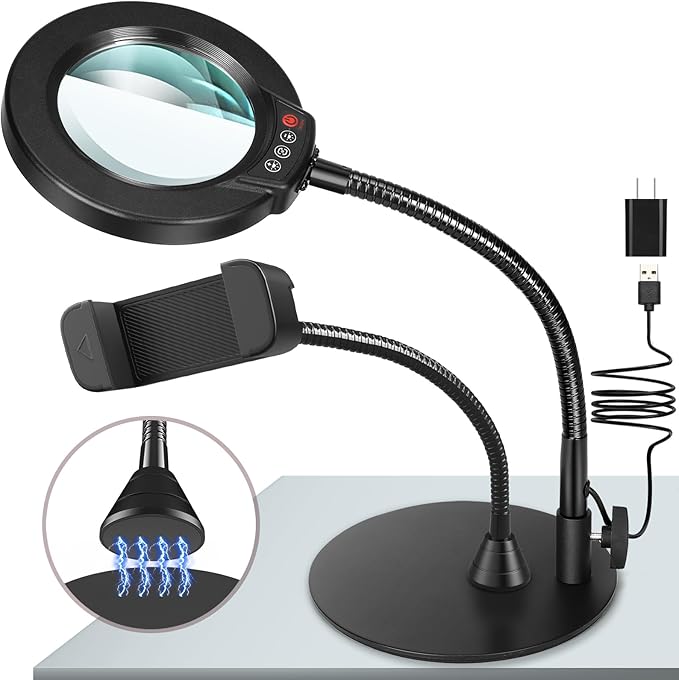 10X Magnifying Glass with Light and Phone Holder, 5 Color Modes Stepless Dimmable LED Lighted Desk Lamp with Stand, Hands Free Magnifier with Flexible Goose-Neck for Craft Hobby Painting, Black by KRSTLV