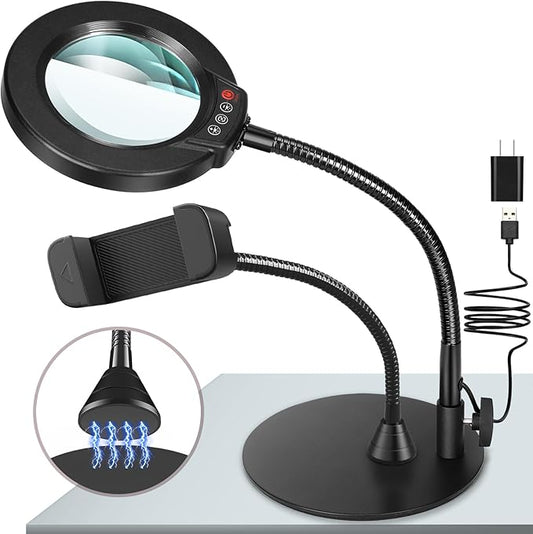 10X Magnifying Glass with Light and Phone Holder, 5 Color Modes Stepless Dimmable LED Lighted Desk Lamp with Stand, Hands Free Magnifier with Flexible Goose-Neck for Craft Hobby Painting, Black by KRSTLV