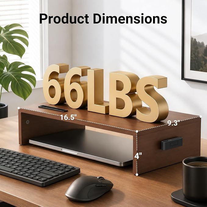 BONTEC Monitor Stand Riser with Cellphone Holder & Cable Management | 16.7 Inch Wood Monitor Riser Stand, Desktop Stand for PC/TV/Laptop/Printer, Walnut - Image 2