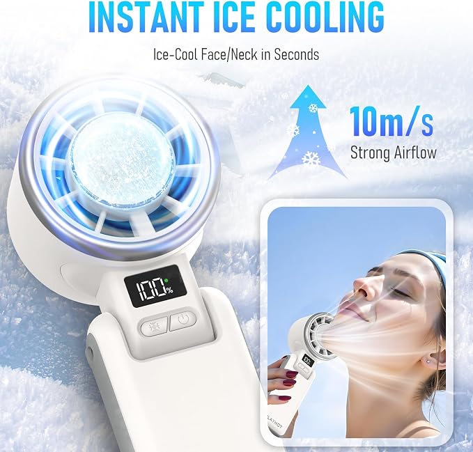 PlayHot Upgraded Portable Handheld Fan with 60°F Ice Cooling, Up tp 12Hrs Personal Fans Portable Rechargeable, 5 Speed 25550RPM Powerful Portables Fan Handheld, Hand/Neck/Desk Fan 3 IN 1(White) - Image 2