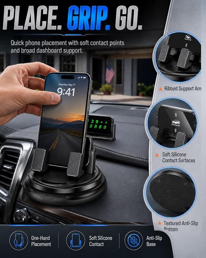 Car Phone Holder 360 Degree Rotation Navigation Mount Splendid Dashboard Windshield Accessories for Women Rotating Soporte De Telefono para Carro Grip Anti-Slip Grips(Glow Number Edition) - Image 4
