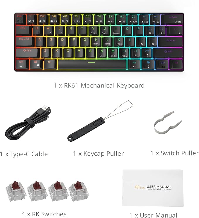 RK ROYAL KLUDGE RK61 Wireless Mechanical Keyboard, 60% Percent RGB, Black | Bluetooth/2.4GHz/Wired Hot Swappable PC Gaming Keyboard, 61 Keys Ultra-Compact for Win/Mac, Coiled Cable, Clicky Blue Switch - Image 8