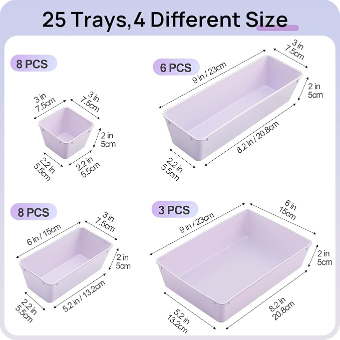 Vtopmart 25 Pack Plastic Drawer Organizers with Non-slip Rubber Pads | 4-Size Versatile Makeup Organizer, Storage Containers Small Bins for Makeup, Jewelries, Bedroom, Kitchen Utensils and Office - Image 2