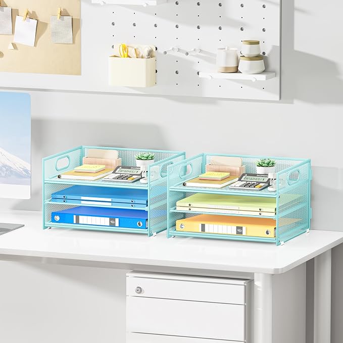 Subekyu 2-Pack 3-Tier Blue Metal Mesh Desk Paper Letter Tray & File Sorter Organizer with Handle + 1 Sliding Tray for Desk, Home, Office, School Supplies, A4 Paper and Accessories Storage - Image 3