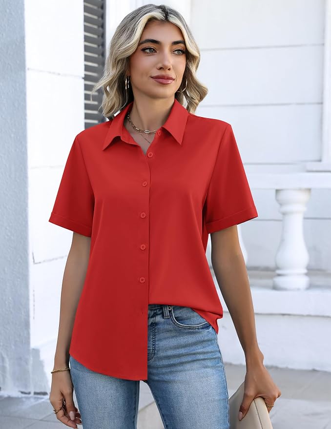Zeagoo Button Down Shirts for Women Short Sleeve Collared Tops Dressy Casual V Neck Blouses - Image 4