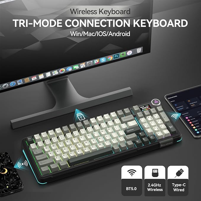 SOLAKAKA A99 Pro Wireless Mechanical Keyboard with LCD Screen & Metal Knob, 2.4GHz/BT5.0/USB-C, RGB Backlit Gaming Keyboard, Hot Swappable, Creamy Keyboard with Gasket Structure, for Win/Mac - Image 3