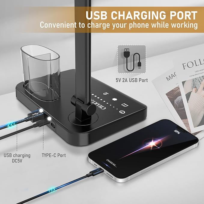 Dimmable LED Desk Lamp with USB Charging Port, 50 Lighting Modes Dual Swing Arm Architect Table Lamp Light Desk Lamp for Home Office Dorm Piano Nail - Image 2