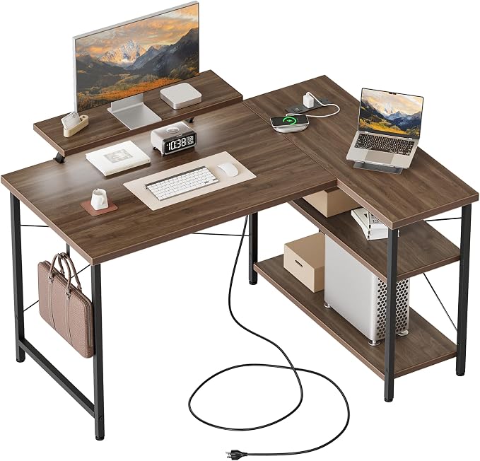 Mericonia 48 in Corner Desk with Monitor Stand, Small L Shaped Gaming Desk | Reversible Computer Desk with Power Outlets, LED Light & Storage Shelves, Office Table for Home Bedroom Study Work Writing by MERICONIA
