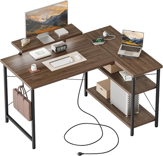 Mericonia 48 in Corner Desk with Monitor Stand, Small L Shaped Gaming Desk | Reversible Computer Desk with Power Outlets, LED Light & Storage Shelves, Office Table for Home Bedroom Study Work Writing by MERICONIA
