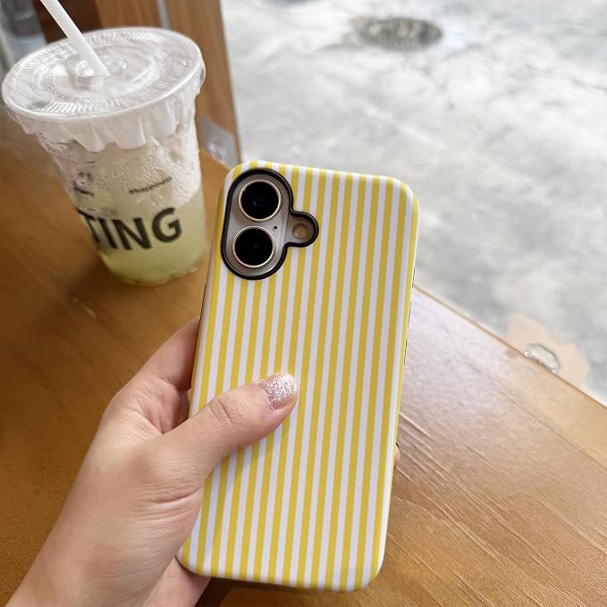 for iPhone 16 Case Striped Cute Aesthetics Phone Case Trendy Protective Shockproof Cover for iPhone 16 Yellow White - Image 5