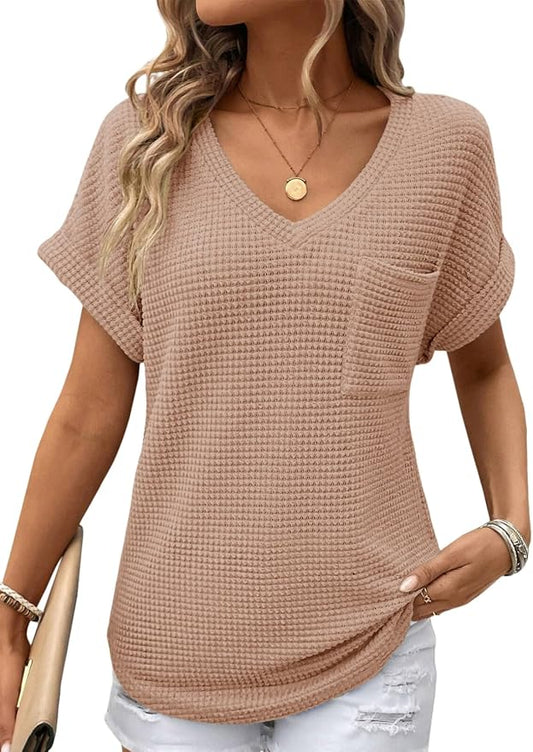 Dokotoo Womens Waffle Knit Tops 2026 Spring Summer V Neck Shirts Casual Trendy Women's Blouses Basic Tee by Dokotoo