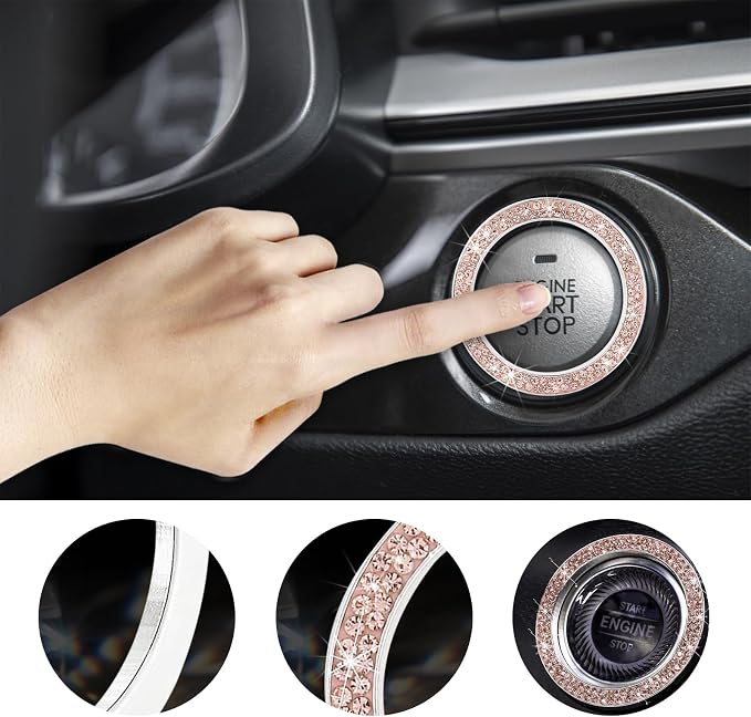 Kewucn Bling Crystal Double Rhinestone Car Engine Start Decoration Ring, Sparkling Push Start Button Sticker, Key Ignition & Knob Ring Decoration, Bling Car Interior Accessory(Peach) - Image 4
