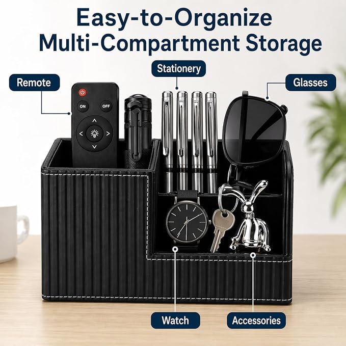 KINGFOM Desk Pen Organizer Office Supplies Caddy Pu Leather Multi-function Storage Box Pen/Pencil,Cell phone, Business Name Cards Remote Control Holder (Black) - Image 8