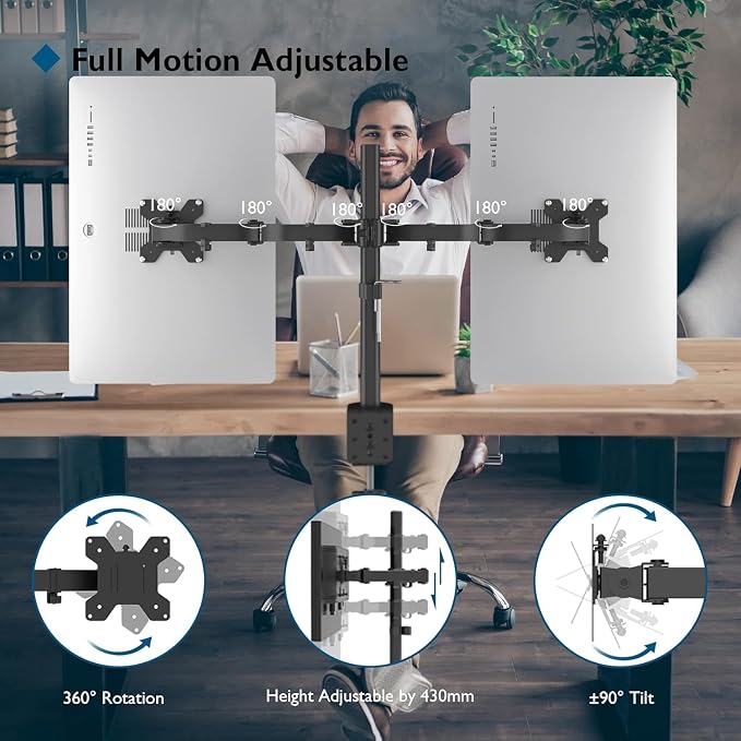 BONTEC Dual Monitor Desk Mount, 13-27 Inch, 22lbs, VESA 75x75/100x100,Black | Full Motion Adjustable Stand, Heavy Duty Arms, C Clamp and Grommet Base, Cable Management for Flexible Screen Positioning - Image 2