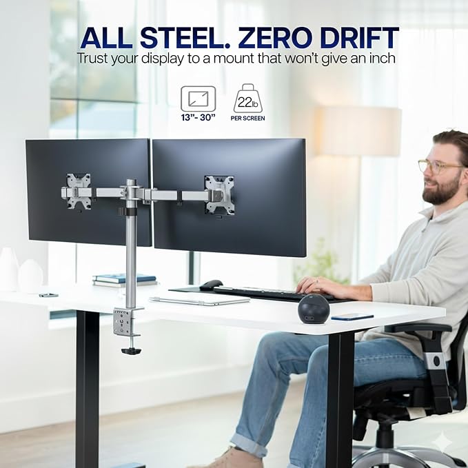 VIVO Dual Monitor Desk Mount, Heavy Duty Fully Adjustable Steel Stand, Holds 2 Computer Screens up to 30 inches and Max 22lbs Each, Gray Color, STAND-V002-GY - Image 2