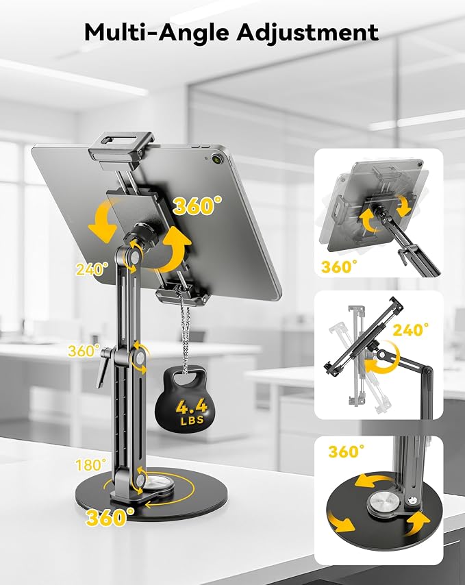Portable Monitor Stand Large Clamp - Heavy Duty Aluminum Body Support up to 4.4LBS 16" 17.3" 18.5 inch 360° Rotating Base Swivel Foldable Desk Stand for iPad Holder Tablet Mount for Kitchen/Travel - Image 3