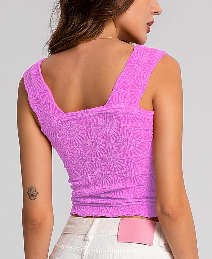 Women's Square Neck Wide Strap Crop Tank Tops Flower Going Out Tops Slim Fit Lettuce Trim Crop Cami Tops - Image 4