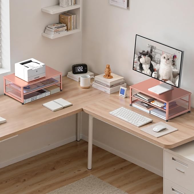ECOLOVI 2-Tier Computer Monitor Stand Riser, Desk Organizer for Monitor, Printer & Laptop Stand, Desktop Workspace Organizers for Office Supplies(Rose Gold) - Image 3