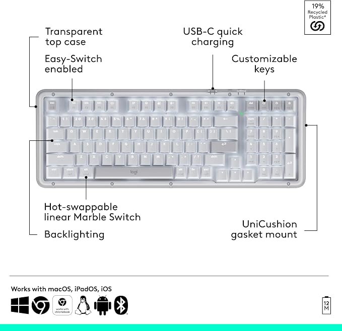 Logitech Alto Keys K98M Wireless Mechanical Gasket Keyboard - Off White | Customizable, clicky, vibration absorbing gasket, white backlit keys, Bluetooth, USB-C charging, for PC, Mac, Laptops - Image 7