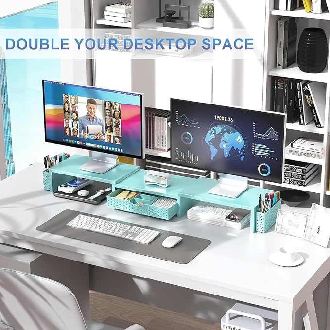 gianotter Dual Monitor Stand Riser, Desk Organizer With Drawer and 2 Pen Holders, Monitor Stand for Desk, Office Decor Essentials (Blue) - Image 6