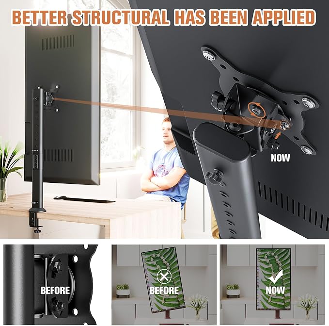 HEMUDU Single Tall Desk Monitor Arm Mount Stand Fit for 27 inch to 42 inch Flat Curved Computer Screen with Swivel, Height Adjustable, Rotation,Holds up to 77lbs, Black - Image 2