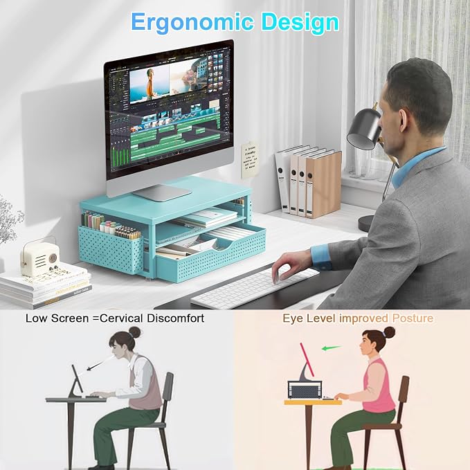 gianotter Desk Organizers and Accessories, Monitor Stand with Drawer and 2 Pen Holder, Desktop Organizer Suitable for Offices and Dormitories (Blue-Plain) - Image 2