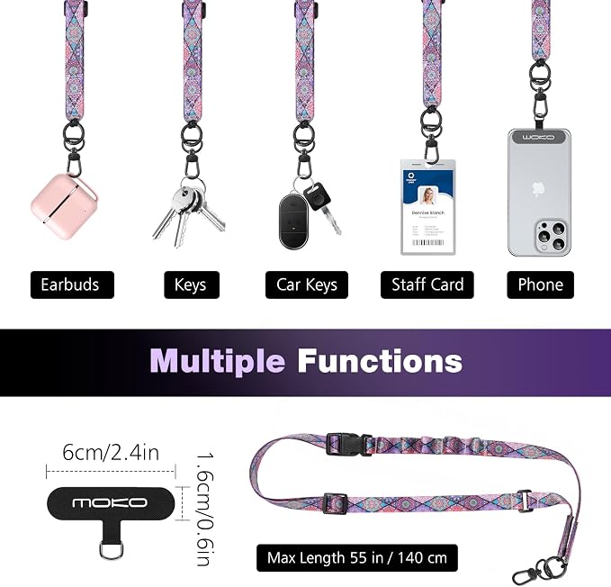 MoKo Boho Universal Phone Lanyard, Nylon Adjustable Cell Phone Crossbody Strap Detachable Women & Men Cellphone Lanyards Around the Neck with Patches for iPhone, Most Smartphones, Boho Colorful - Image 6