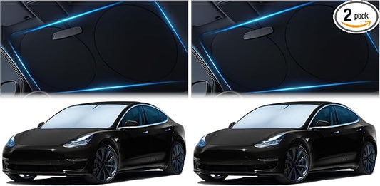 Magnelex Tesla Windshield Sun Shade (Model 3/Y), Reflective Polyester Blocks Heat & Sun, Foldable Car Window Sun Blocker, Mirror Cut-Out, Fade-Resistant Sunshade, Tesla 3 Accessories (Pack of 2) by Magnelex