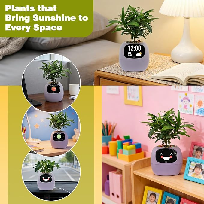 Smart Plant Pot with Visual Display – Soil Moisture, Water Level, Light & Battery Monitor, 80ml Self-Watering Reservoir, Supports 50+ Plants, Pomodoro Timer, Clock & Calendar (Purple) - Image 9