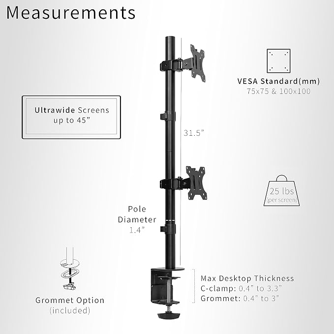 VIVO Dual Vertically Stacked Ultra-Wide Monitor Desk Mount, Extra Tall Heavy Duty Adjustable Stand for 2 Ultrawide Screens up to 45 inches, 25 lbs Per Screen Capacity, Black, STAND-V200R - Image 3