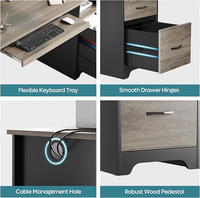 Bestier 48” Computer Desk with Drawers, Office Desk with Storage, Industrial Wood Writing Desk with File Drawer, Keyboard Tray & 2 Hooks for Home Office & Studio, Gray - Image 5