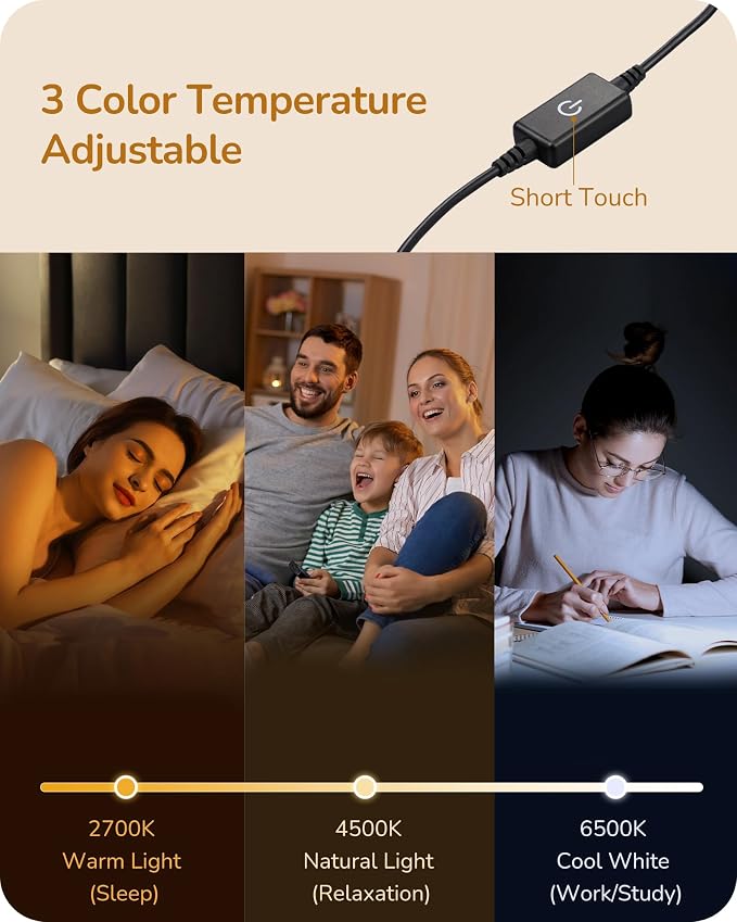 EDISHINE LED Table Lamp, Minimalist Desk Lamps for Home Office, White | Dimmable, 3 Color Temperature, Power Cord Touch Switch, Metal Finish, Ideal for Bedroom, Living Room - Image 3