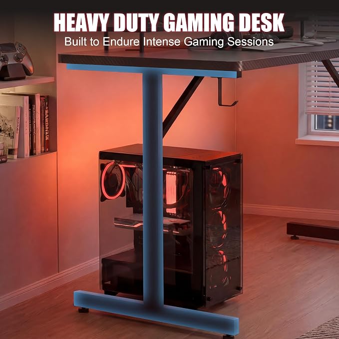 GTPLAYER Gaming Desk 55 Inch with LED Lights, Large Computer Desk with Mouse Pad for Home Office, T-Shaped Carbon Fibre Surface PC Game Workstations with Headphone Hook - Image 8