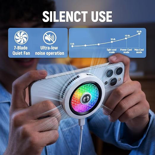 Phone Cooler for Gaming, Low Noise USB Cell Phone Cooler with Smart Temp Control, Phone Cooling Fan with RGB LED Lights, Magnetic Ring & Clip Fan for Phone Gaming & Streaming (White) - Image 6