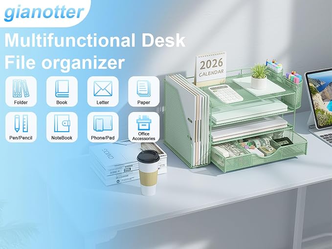 gianotter 4-Tier Desk Organizer with Drawers, File Holders, Letter Trays and Pen Holders - Workspace Accessories for Office Supplies (Sage Green) - Image 4