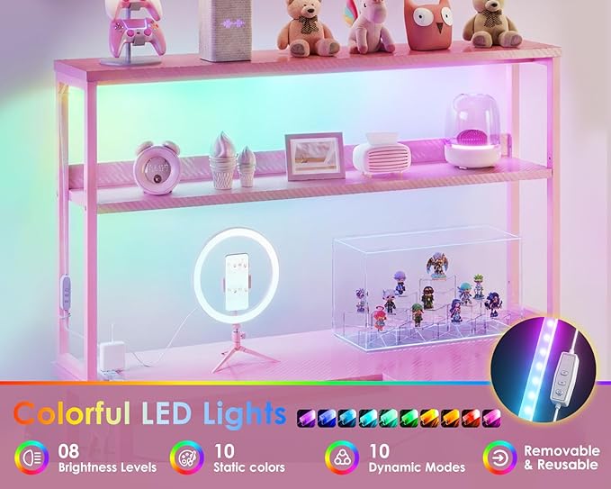AODK L Shaped Desk Gaming Desk with LED Light & Power Outlet | 53 Inch Pink Reversible L Shaped Computer Table with Shelf & Storage Bag & Hook for Home Office - Image 5