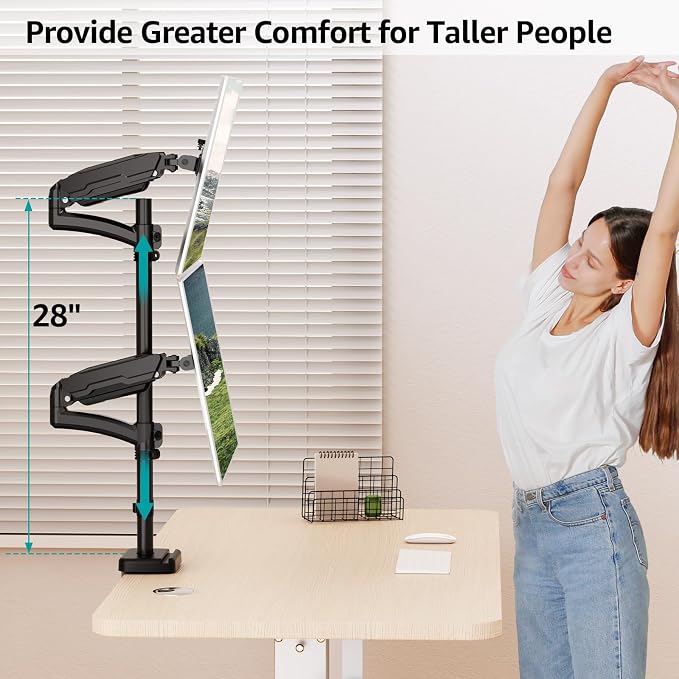 MOUNT PRO Vertical Dual Monitor Mount, Stacked Monitor Stand for 2 Computer Screens up to 32 inches, Full Motion Adjustable Tall Display Desk Mount, Each Arm Holds up to 17.6lbs, VESA Mount - Image 3