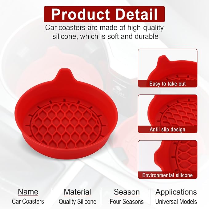 SINGARO Car Cup Holder Coaster, Silicone Cup Holder Insert, Universal Non-Slip Cup Holders, Car Accessories Interior for Women and Man 4 Pack Red - Image 4