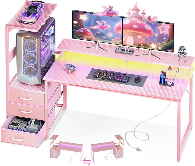 AODK 59 Inch Gaming Desk with USB Charging Ports & LED Light- Reversible Computer Desk with Storage Shelves & Monitor Stand, Modern Gamer Desk Table with Fabric Drawers, Pink by AODK