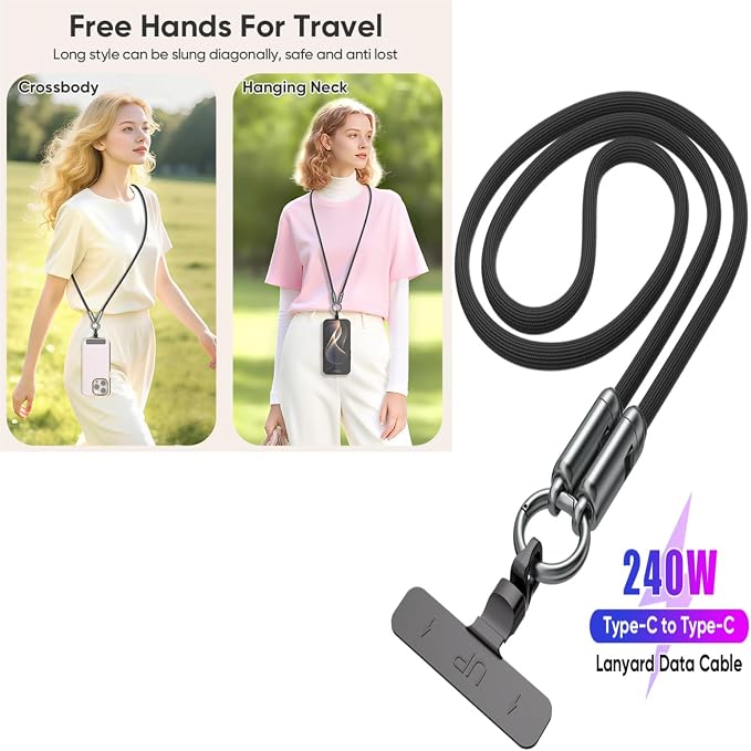 Phone Wrist Lanyard,Built-in 240W USB-C Phone Lanyard Charging Cable Fast Charge & Data Transfer with Tether Tab - Image 2